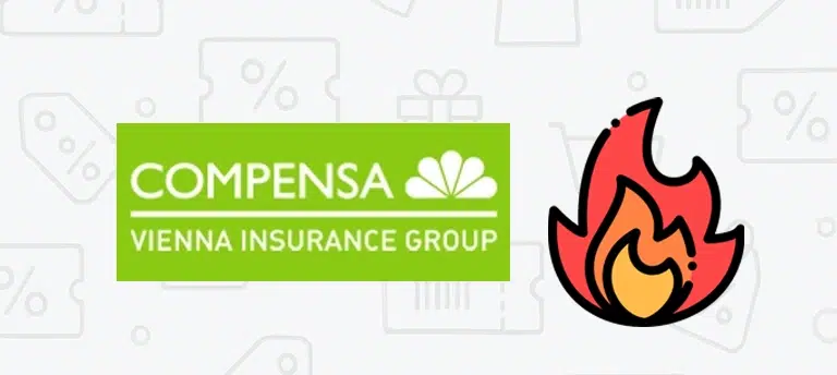 Logo Compensa Vienna Insurance Group z ikoną ognia oznaczającą aktualną promocję.