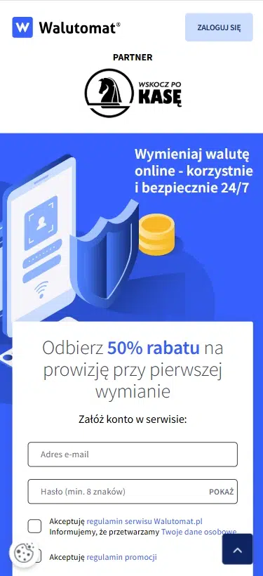Mobilna wersja dedykowanej strony promocji Walutomat przygotowanej we współpracy z WskoczPoKasę.pl. Na ekranie widoczne są logo partnera, formularz rejestracji oraz informacja o 50% rabatu na prowizję przy pierwszej wymianie walut dla nowych użytkowników rejestrujących się przez stronę promocji.
