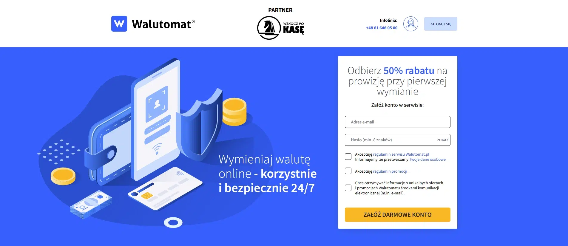 Dedykowana strona promocji Walutomat przygotowana we współpracy z WskoczPoKasę.pl. Po prawej stronie znajduje się formularz rejestracji z informacją o 50% rabatu na prowizję przy pierwszej wymianie walut, a po lewej ilustracja przedstawiająca smartfon, portfel, kartę płatniczą i tarczę symbolizującą bezpieczną wymianę walut online.