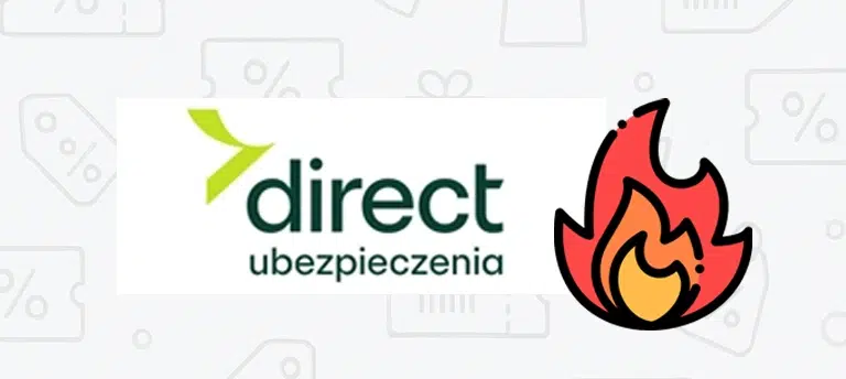 Logo Direct Ubezpieczenia na tle z ikonami zniżek i prezentów. Po prawej stronie znajduje się ikona płomienia symbolizująca atrakcyjną promocję lub gorącą ofertę.