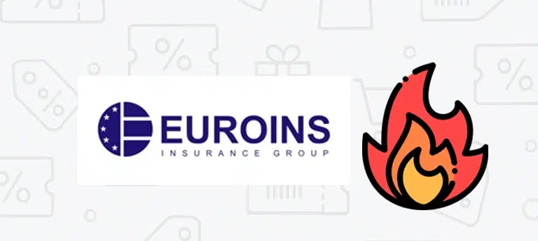 Logo EUROINS Insurance Group w kolorze granatowym, umieszczone na tle z ikonami rabatów. Po prawej stronie znajduje się symbol płomienia, wskazujący na promocję lub atrakcyjną ofertę.