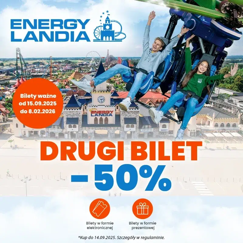 Energylandia promocja 2025 – drugi bilet 50% taniej. Oferta ważna przy zakupie do 14.09.2025, bilety do wykorzystania od 15.09.2025 do 8.02.2026. Największy park rozrywki w Polsce – rollercoastery, atrakcje rodzinne i strefy tematyczne.