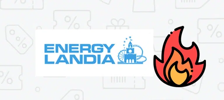 Logo Energylandia obok ikony płomienia – aktualne kody rabatowe i promocje na bilety do największego parku rozrywki w Polsce
