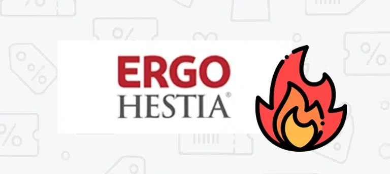 Logo ubezpieczyciela ERGO Hestia na tle z ikonami procentów i prezentów. Obok widoczna ikona płomienia symbolizująca gorącą promocję lub atrakcyjną zniżkę.