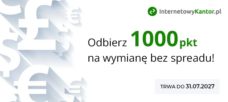 Mobilny baner promocji InternetowyKantor.pl z bonusem 1000 punktów na wymianę walut bez spreadu. Grafika przedstawia symbole popularnych walut oraz informację, że promocja trwa do 31.07.2027.