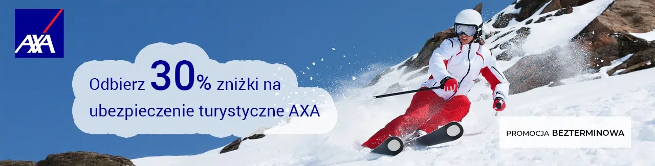 Ubezpieczenie turystyczne AXA zima 2026 – 30% zniżki na wyjazdy zimowe i narty.