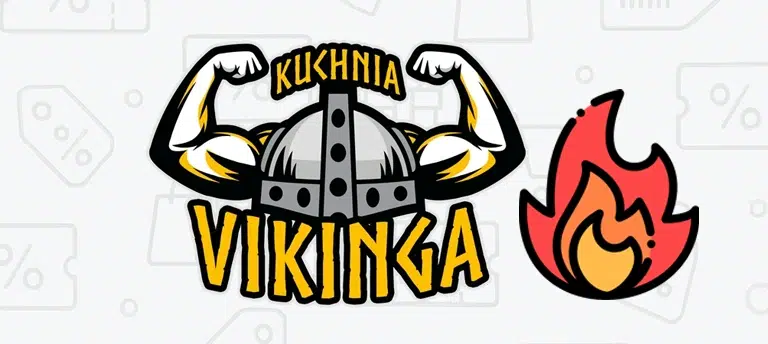 Logo Kuchnia Vikinga obok ikony płomienia – aktualne kody rabatowe i promocje na catering dietetyczny Vikinga.