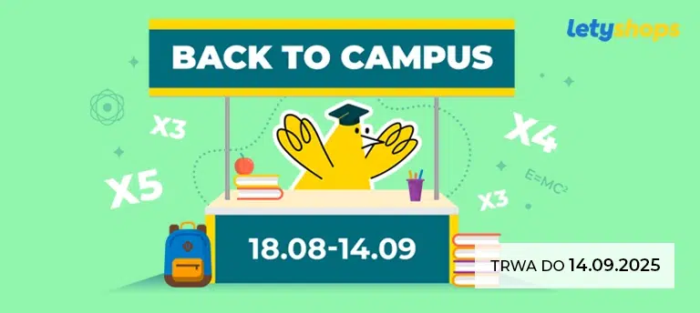 Grafika promocyjna LetyShops z hasłem „Back to Campus”, żółtym ptakiem w birecie za ladą oraz datą trwania promocji 18.08–14.09.2025. Na zielonym tle widoczne są symbole naukowe i mnożniki cashbacku: X3, X4, X5. W prawym dolnym rogu napis: „Trwa do 14.09.2025”.