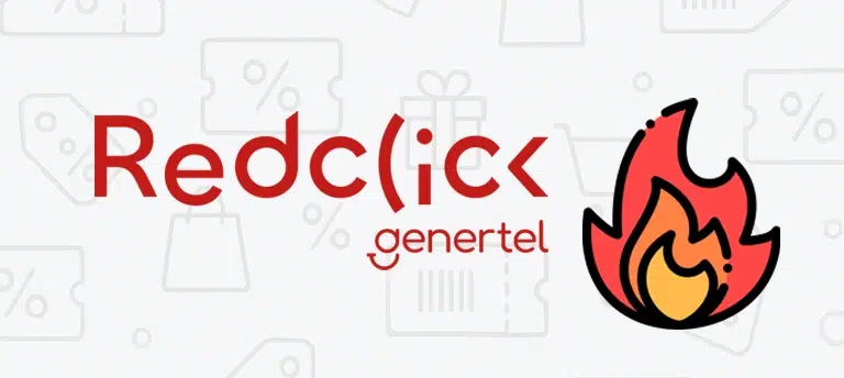Logo RedClick Genertel z symbolem ognia oznaczającym gorącą promocję. W tle widoczne są szare ikony związane z zakupami, takie jak metki, procenty i prezenty.