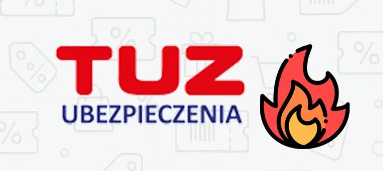 Logo ubezpieczyciela TUZ Ubezpieczenia w czerwono-niebieskiej kolorystyce z ikoną płomienia po prawej stronie, symbolizującą atrakcyjną promocję. W tle widoczne są graficzne symbole rabatów, procentów i kuponów.