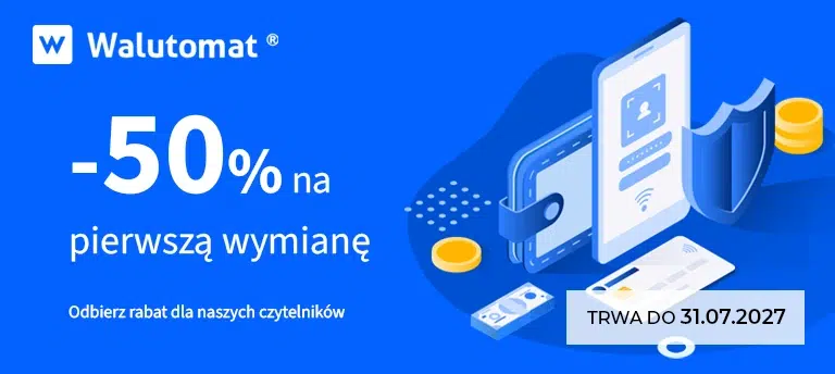 Mobilny baner promocji Walutomat informujący o 50% zniżki na prowizję przy pierwszej wymianie walut dla nowych użytkowników. Po prawej stronie widoczne są ilustracje smartfona, portfela, karty płatniczej i tarczy symbolizującej bezpieczeństwo transakcji, a w prawym dolnym rogu znajduje się informacja, że promocja trwa do 31.07.2027.