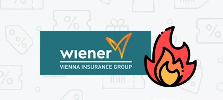 Logo Wiener Vienna Insurance Group na zielonym tle, po prawej stronie ikona płomienia symbolizująca gorącą promocję. W tle widoczne są szare ikony związane z rabatami i zakupami, takie jak procenty, metki i prezenty.