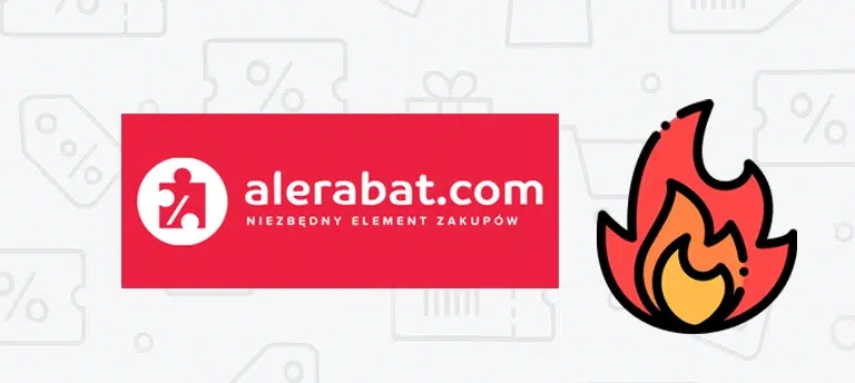 Logo serwisu alerabat.com z hasłem „Niezbędny element zakupów” obok ikony płomienia – grafika promująca gorące kody rabatowe i aktualne promocje dostępne na Alerabat.