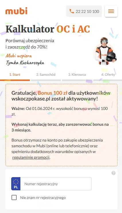 Mobilny widok kalkulatora OC/AC Mubi z aktywowanym bonusem 100 zł dla użytkowników wskoczpokase.pl – promocja 2025.