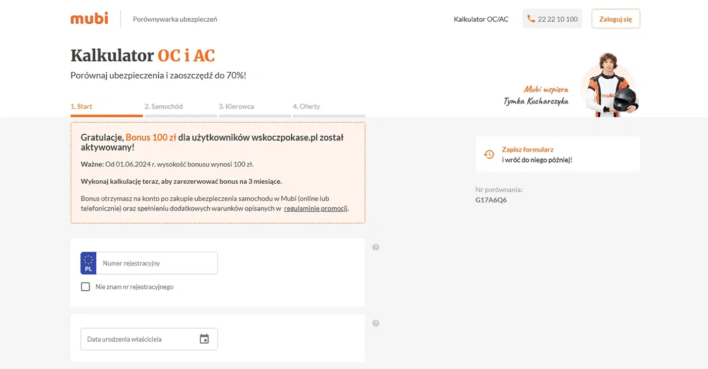 Zrzut ekranu z kalkulatora OC/AC na stronie Mubi z informacją o aktywowanym bonusie 100 zł dla użytkowników wskoczpokase.pl.