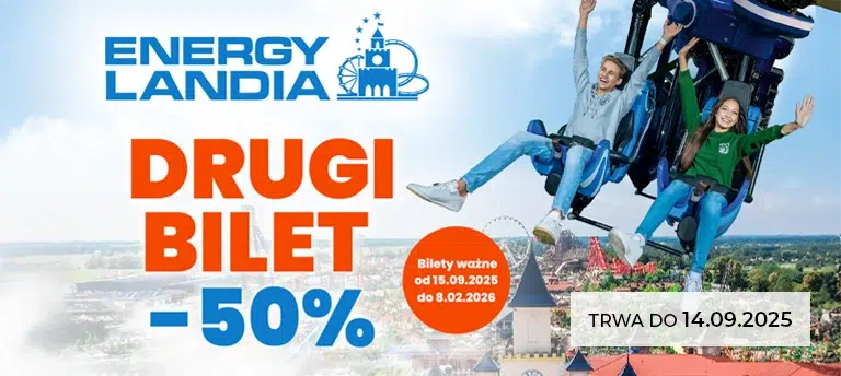 Energylandia wrzesień 2025 – promocja drugi bilet 50% taniej. Oferta obowiązuje przy zakupie do 14.09.2025, bilety ważne od 15.09.2025 do 8.02.2026. Największy park rozrywki w Polsce z rollercoasterami i atrakcjami dla całej rodziny.