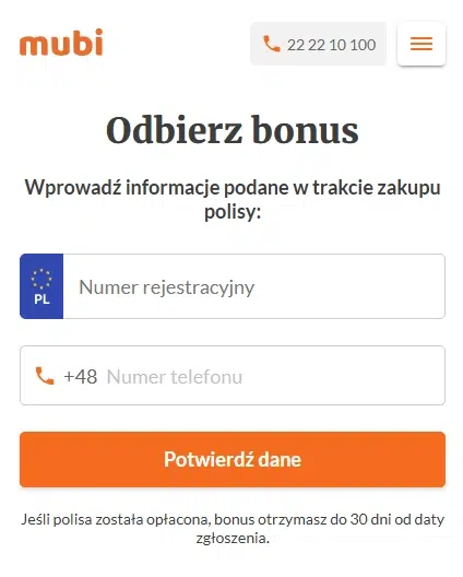 Formularz Mubi do odbioru bonusa 100 zł – podaj numer rejestracyjny i telefon, aby potwierdzić dane po zakupie polisy OC/AC - widok mobile.