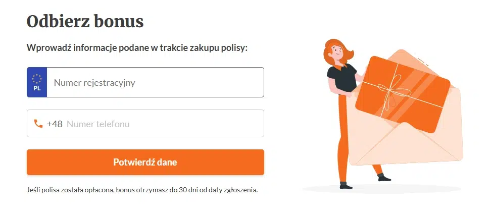 Formularz Mubi do odbioru bonusa 100 zł – podaj numer rejestracyjny i telefon, aby potwierdzić dane po zakupie polisy OC/AC.