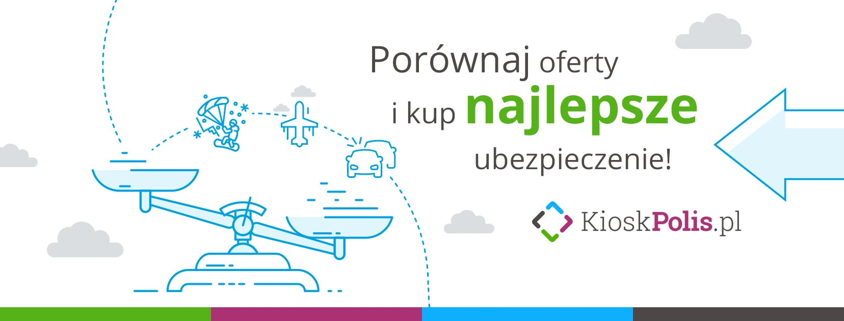 Baner reklamowy KioskPolis – porównaj oferty i kup najlepsze ubezpieczenie turystyczne, komunikacyjne lub zdrowotne online.