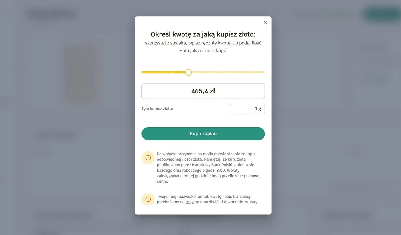 Formularz zakupu złota na stronie Goldsaver – użytkownik może wybrać ilość złota (np. 1 g) lub kwotę, jaką chce przeznaczyć (np. 465,4 zł). Dostępny jest suwak i przycisk „Kup i zapłać”. Poniżej znajdują się informacje o kursie złota publikowanym przez NBP i przetwarzaniu danych do płatności online.