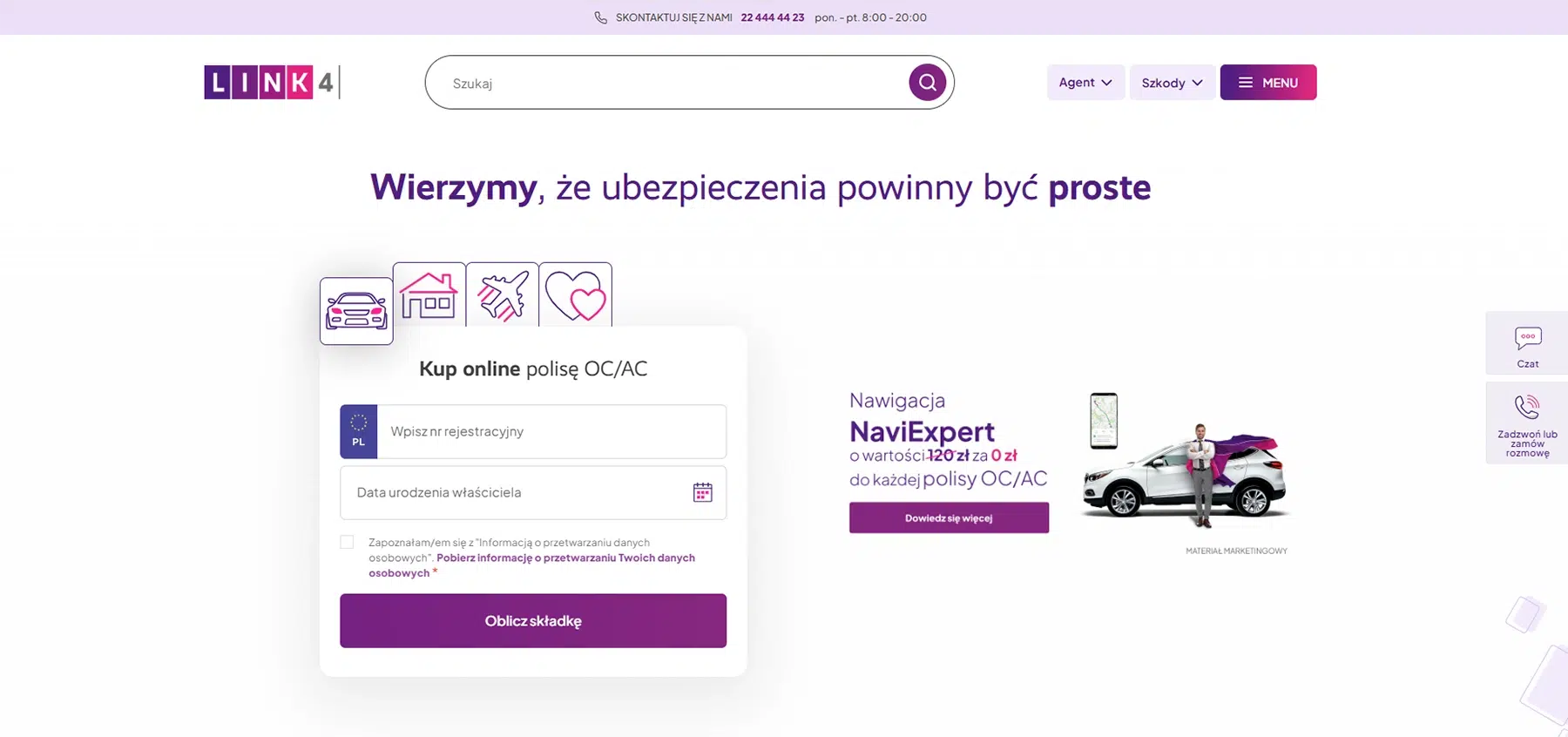 Zrzut ekranu strony głównej LINK4 – formularz online do zakupu polisy OC/AC oraz promocja na darmową nawigację NaviExpert przy zakupie ubezpieczenia samochodowego.