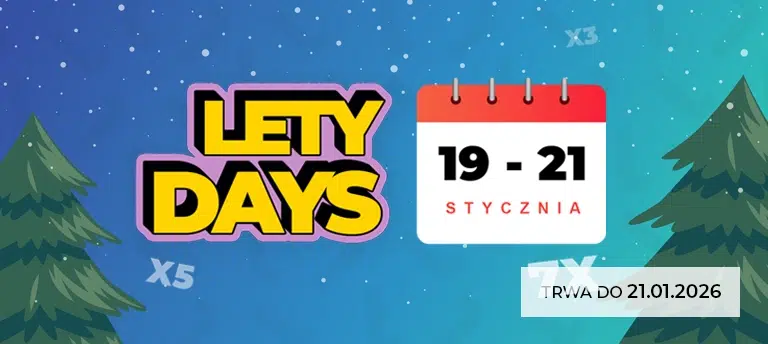 Mobilna grafika promocyjna LetyDays z zimowym, niebiesko-zielonym tłem i choinkami po bokach. Po lewej widoczny napis »LETY DAYS«, pośrodku kartka kalendarza z datą 19–21 stycznia. W tle oznaczenia mnożników cashbacku x3, x5 i x7 oraz informacja, że promocja trwa do 21.01.2026.