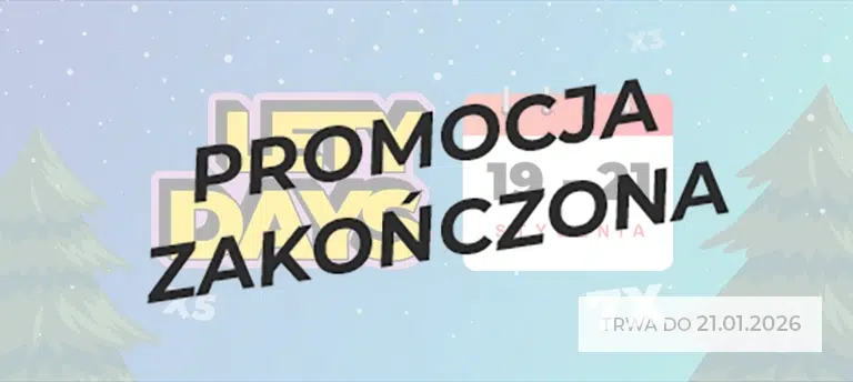 Mobilna grafika promocyjna LetyDays z zimowym, niebiesko-zielonym tłem i choinkami po bokach. Po lewej widoczny napis »LETY DAYS«, pośrodku kartka kalendarza z datą 19–21 stycznia. W tle oznaczenia mnożników cashbacku x3, x5 i x7 oraz informacja, że promocja trwa do 21.01.2026. Po środku napis PROMOCJA ZAKOŃCZONA.