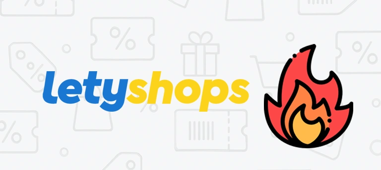 Logo serwisu cashbackowego Letyshops na tle ikon zakupowych, po prawej stronie symbol ognistej promocji. Grafika zapowiada aktualne kody rabatowe i gorące okazje na zakupy z cashbackiem przez Letyshops.