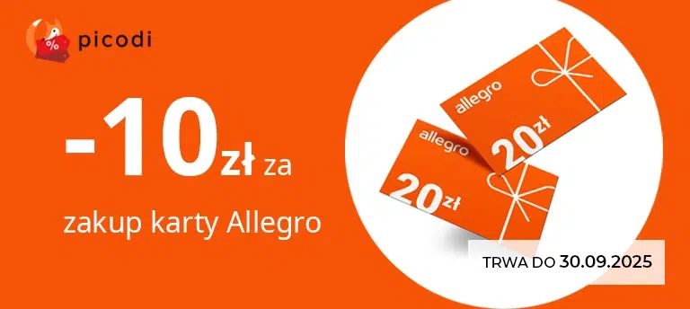 Promocja -10 zł za zakup karty podarunkowej Allegro przez Picodi, ważna do 30.09.2025 – grafika z kuponami Allegro i pomarańczowym tłem.