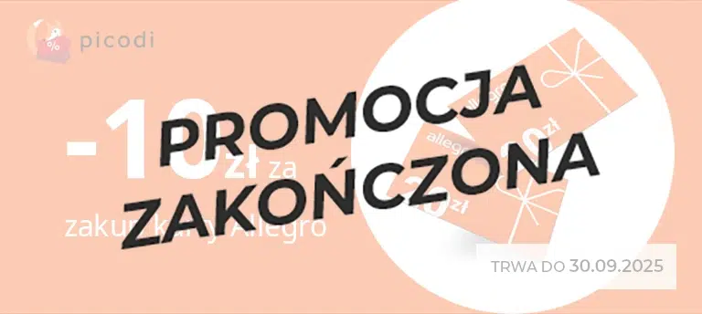 Promocja -10 zł za zakup karty podarunkowej Allegro przez Picodi, ważna do 30.09.2025 – grafika z kuponami Allegro i pomarańczowym tłem. Po środku przezroczysty napis PROMOCJA ZAKOŃCZONA.