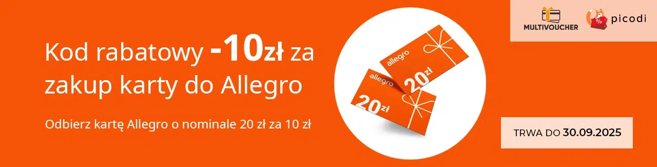 Kod rabatowy Picodi – karta Allegro o wartości 20 zł za 10 zł. Promocja Multivoucher ważna do 30.09.2025. Grafika z bonami Allegro i pomarańczowym tłem.