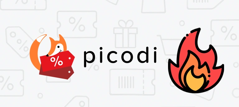 Logo Picodi z liskiem trzymającym etykietę z symbolem procentu, obok ikona ognistej promocji – na tle ikon zakupowych. Grafika zapowiada aktualne kody rabatowe i najlepsze oferty dostępne przez Picodi.