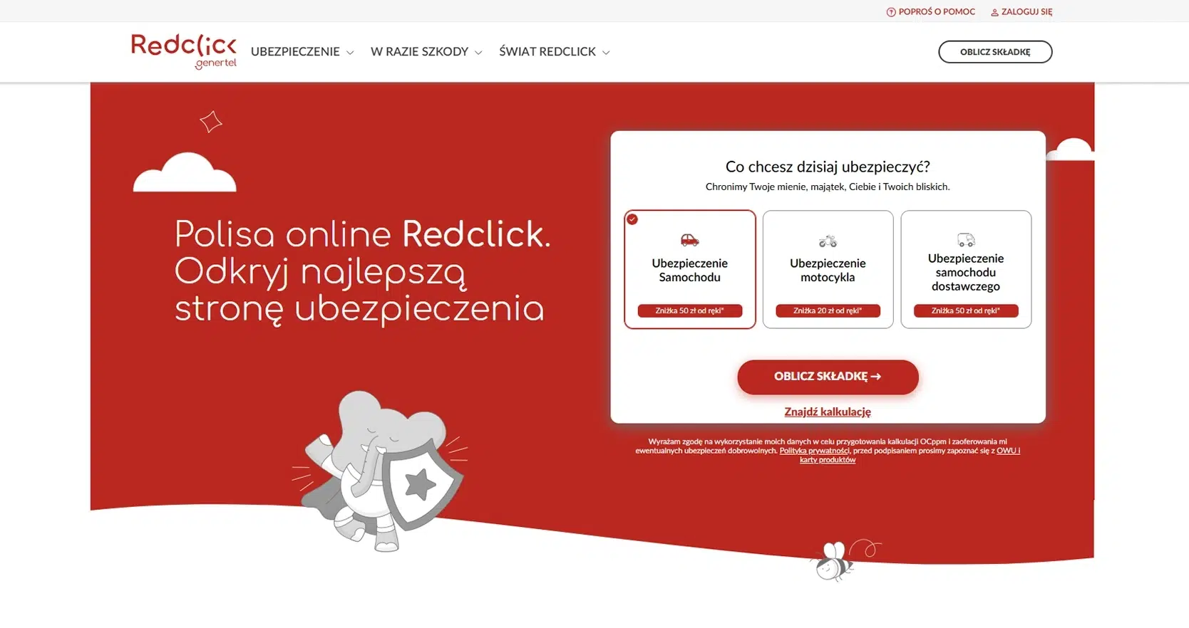 Strona główna Redclick od Genertel – ubezpieczenia online OC/AC zniżka 50 zł. Kalkulator składki dla samochodu, motocykla i auta dostawczego.