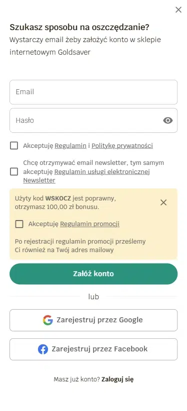 Mobilny widok formularza rejestracji w Goldsaver z informacją o poprawnym użyciu kodu WSKOCZ, który zapewnia 100 zł bonusu dla nowych użytkowników.