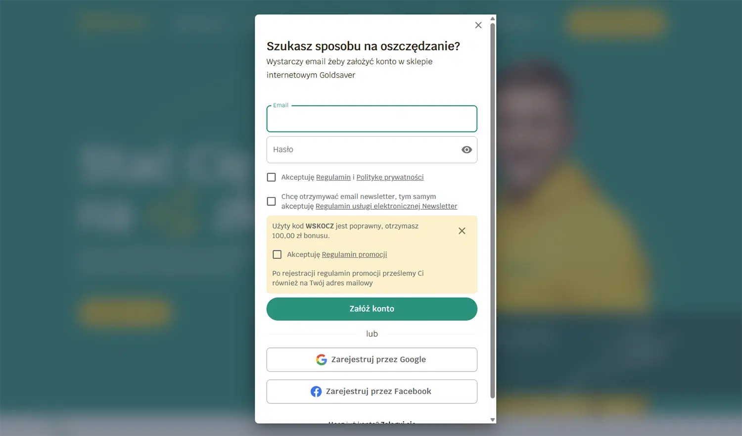 Zrzut ekranu formularza rejestracji w Goldsaver z informacją o poprawnym użyciu kodu WSKOCZ, który daje 100 zł bonusu przy zakładaniu konta.