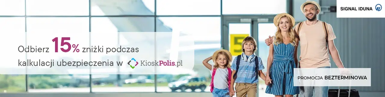 Rodzina na lotnisku i informacja o promocji – 15% zniżki na ubezpieczenie turystyczne Signal Iduna przy zakupie przez KioskPolis.pl.