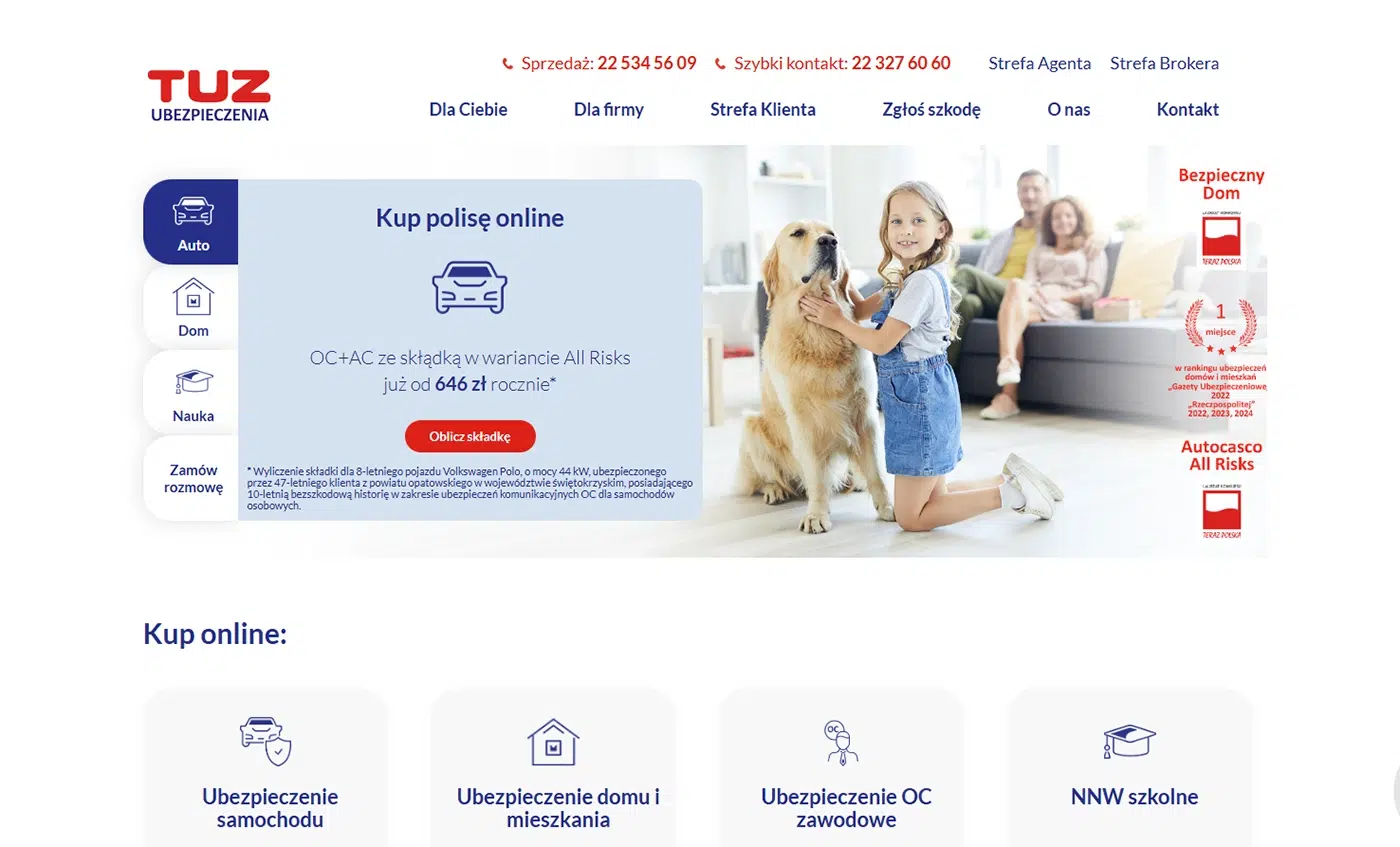 Strona główna TUZ Ubezpieczenia z ofertą zakupu polisy OC+AC online już od 646 zł rocznie. Widoczna grafika z dziewczynką i psem, przyciskiem „Oblicz składkę” oraz sekcjami: ubezpieczenie samochodu, domu, OC zawodowe i NNW szkolne.
