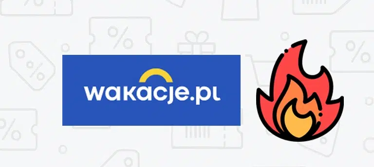 Logo Wakacje.pl na niebieskim tle oraz grafika płomienia symbolizująca gorącą promocję lub aktualny kod rabatowy na wakacje i wycieczki.