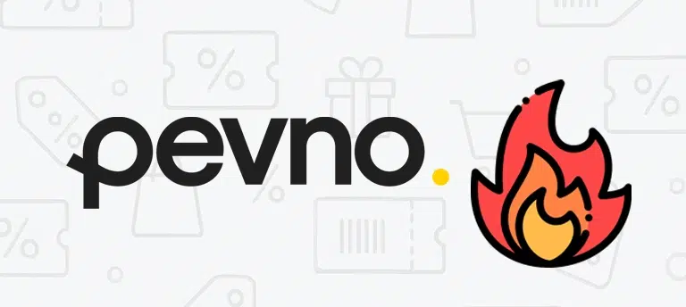 Pevno – logo firmy z ikoną ognia symbolizującą gorące promocje i kody rabatowe.