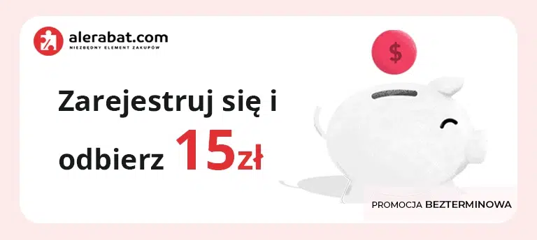 Mobilny baner promocyjny AleRabat z napisem „Zarejestruj się i odbierz 15 zł”, grafiką świnki-skarbonki i czerwonej monety. Promocja bezterminowa.