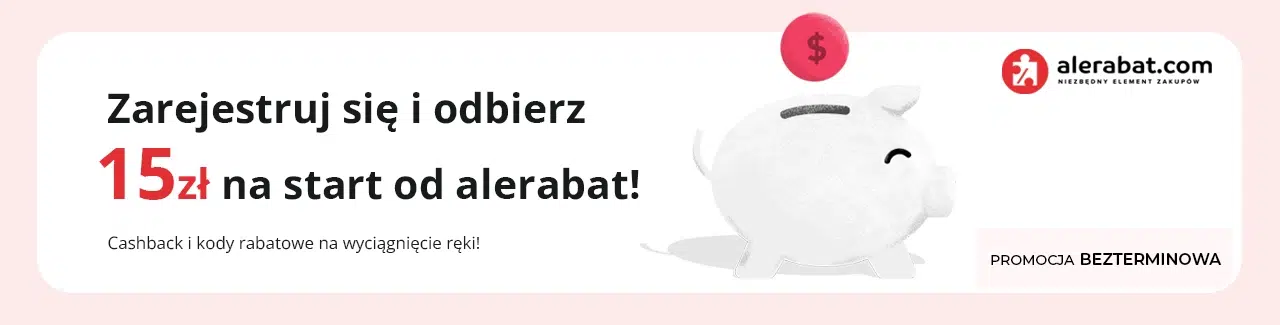 Baner promocyjny AleRabat z napisem „Zarejestruj się i odbierz 15 zł na start od alerabat!” obok rysunku skarbonki w kształcie świnki i logo serwisu. Promocja bezterminowa.