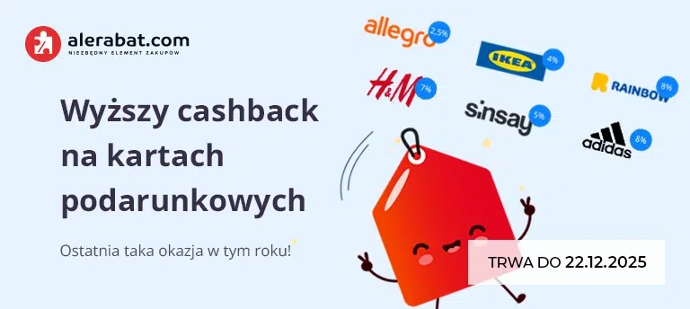 Wyższy cashback na kartach podarunkowych w AleRabat – promocja do 22.12.2025. Grafika mobilna.