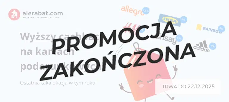 Wyższy cashback na kartach podarunkowych w AleRabat – promocja do 22.12.2025. Grafika mobilna. Po środku napis PROMOCJA ZAKOŃCZONA.