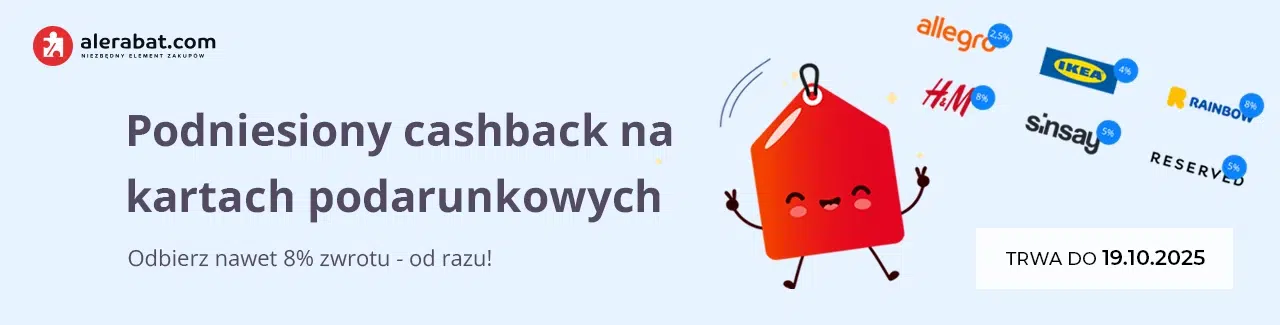 Promocja na AleRabat.com – podniesiony cashback na karty podarunkowe H&M, Rainbow, Reserved, IKEA, Allegro i inne. Zwrot do 8%, promocja trwa do 19.10.2025.