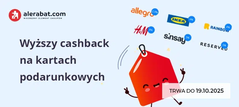 AleRabat.com – wyższy cashback na karty podarunkowe Allegro, IKEA, H&M, Rainbow, Sinsay i Reserved. Zwroty nawet do 8%. Promocja trwa do 19 października 2025.