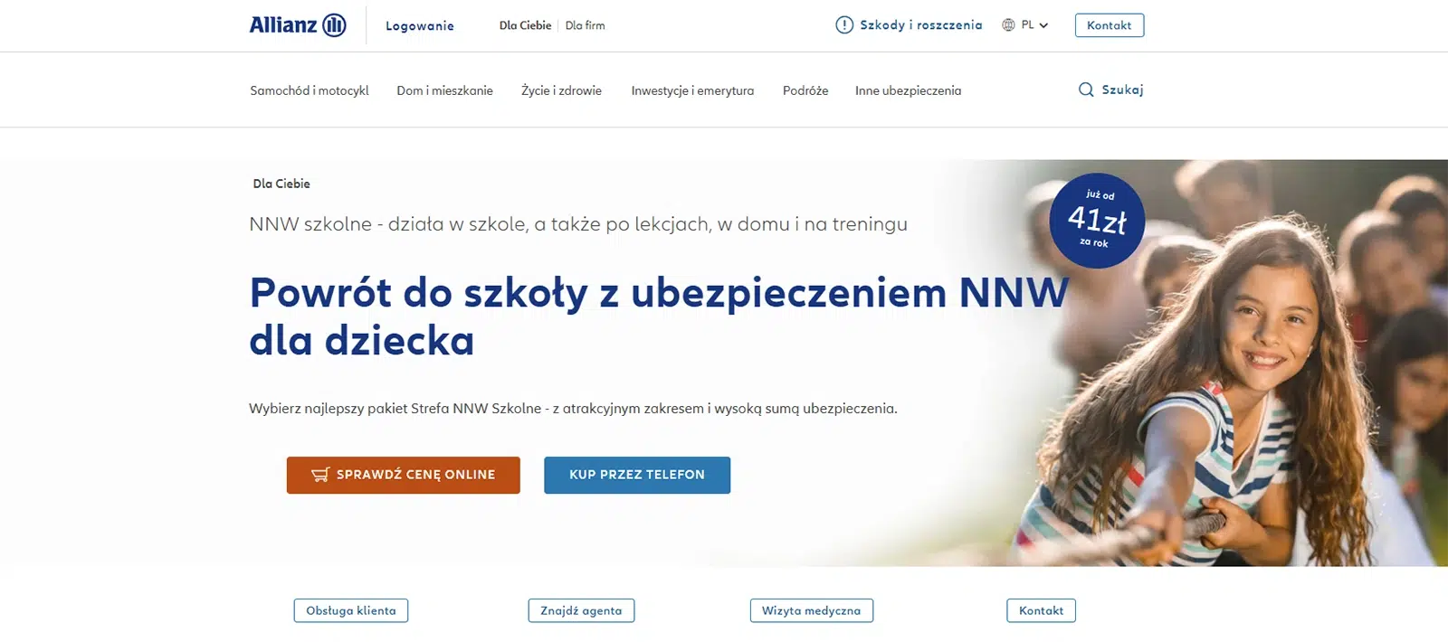 Strona główna Allianz – ubezpieczenie NNW szkolne dla dziecka od 41 zł rocznie, kampania „Powrót do szkoły z ubezpieczeniem”.