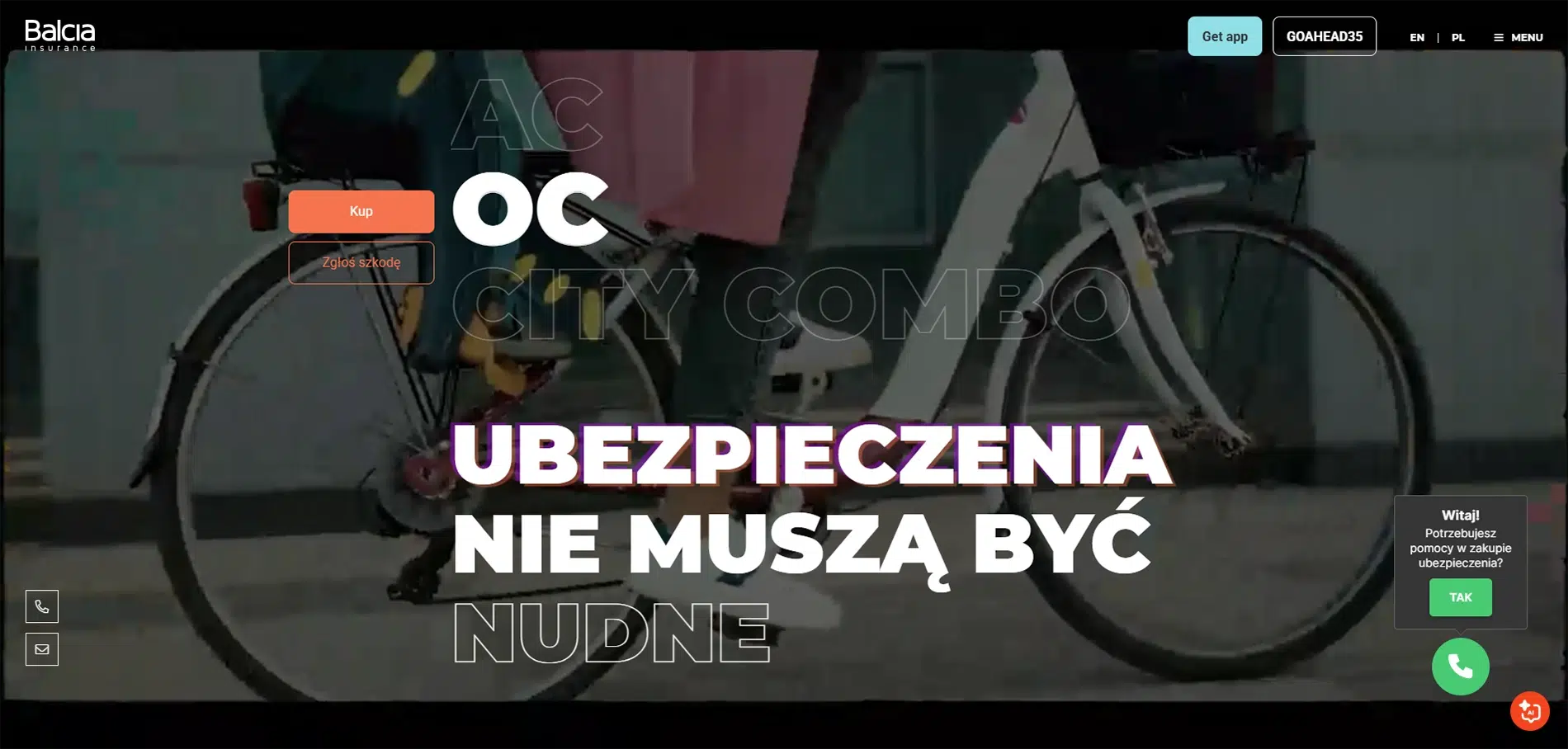 Strona główna Balcia Insurance – nowoczesna oferta ubezpieczeń OC, AC i City Combo z hasłem „Ubezpieczenia nie muszą być nudne” na tle jadącego roweru.