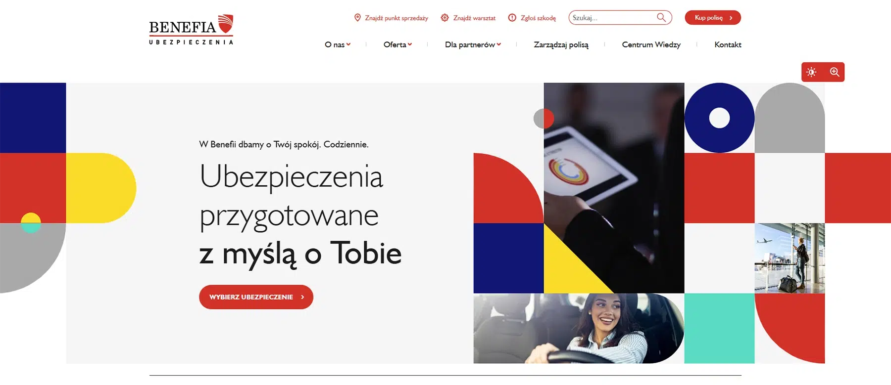 Strona główna Benefia Ubezpieczenia – oferta polis komunikacyjnych, mieszkaniowych i podróżnych, hasło „Ubezpieczenia z myślą o Tobie”.