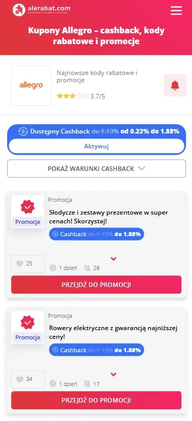 Mobilna wersja Alerabat z aktywnym cashbackiem do 1,88% na Allegro i kuponami promocyjnymi.