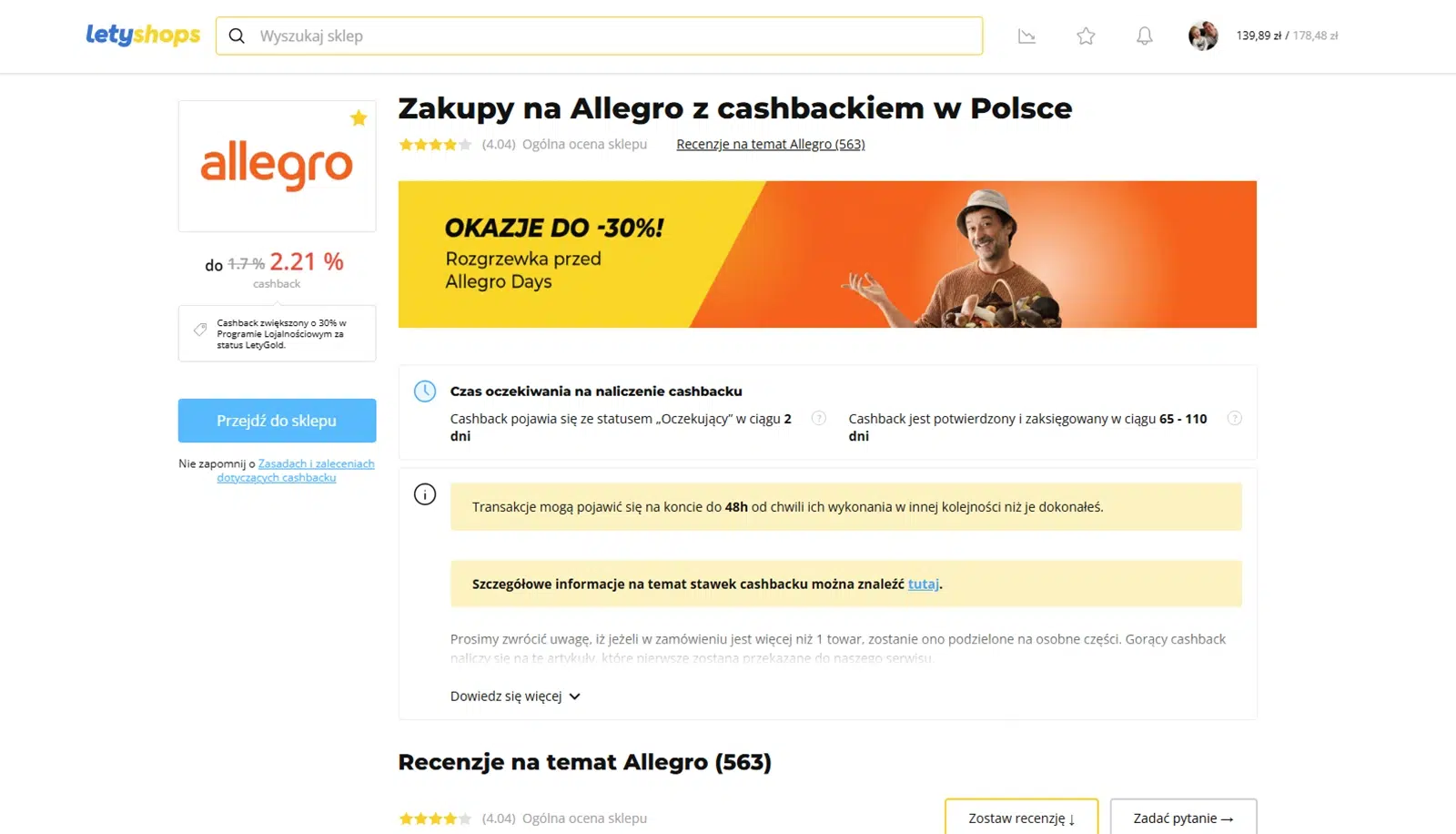 Strona Allegro na Letyshops – cashback do 2,21% i promocje do -30% przed Allegro Days.